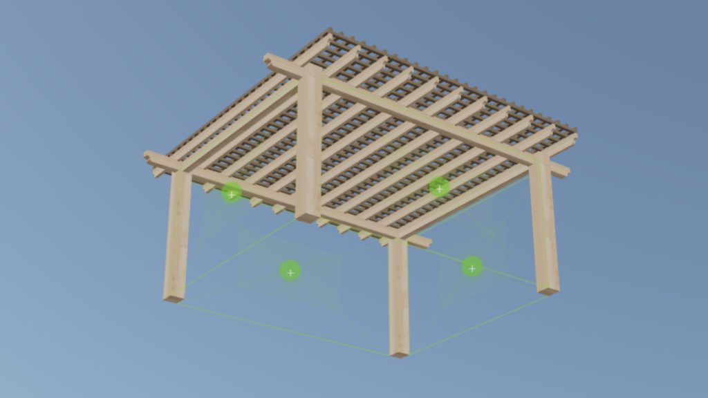 Pergola calculator — green plus buttons to add decorative filler panels between posts